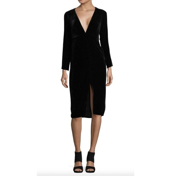 For Love & Lemons Colette Velvet Dress Black XS Wrap Midi Long Sleeve V-neck - Picture 1 of 13